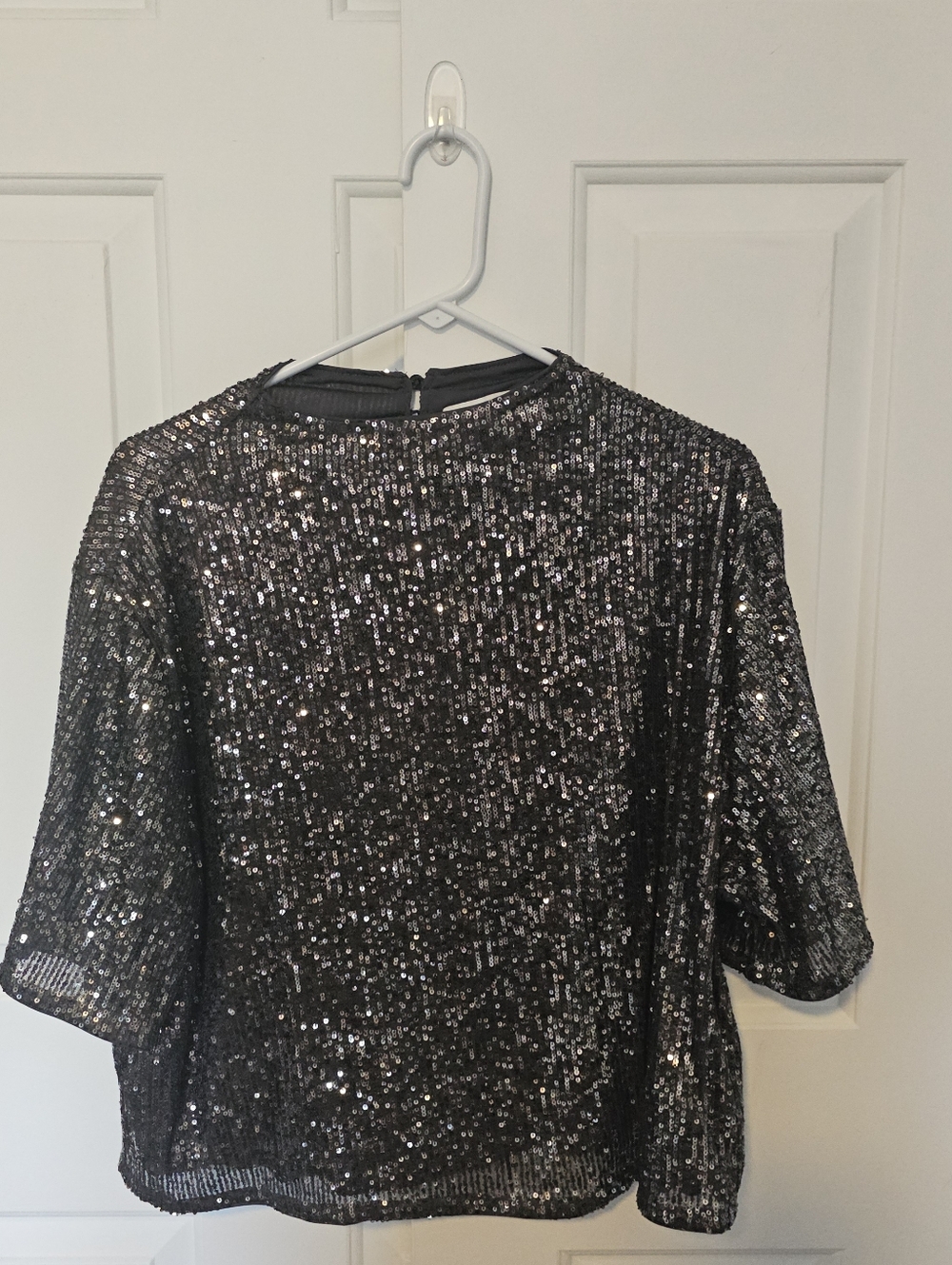 H&M Black Sequin Boxy Short-Sleeve Top